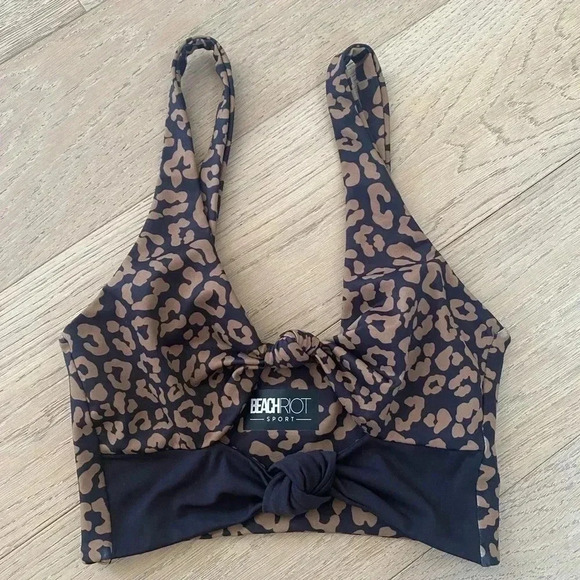 Beach Riot Bowie Leopard Print Knot-front Cropped Top Small Brown Black - Picture 1 of 4